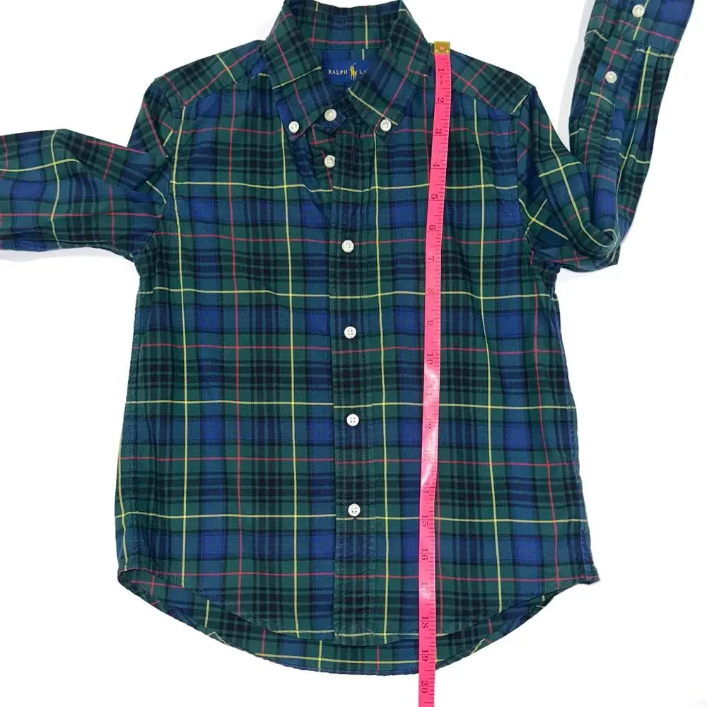 Ralph Lauren Boys Green Blue Check Button Down Long Sleeve Cotton Shirt Size 5